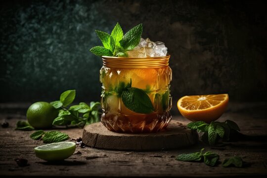 Alcoholic cocktail with lime and mint garnish (Ai generated)