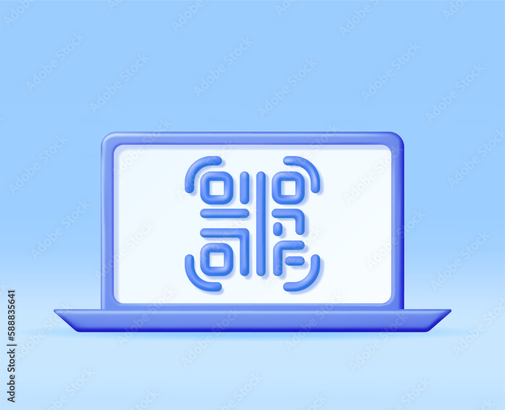 Poster 3d qr code icon on computer. render modern qr code symbol. concept of online shopping. advertisement
