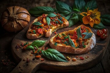 Bruschetta with half dried tomatoes and basil (Ai generated)