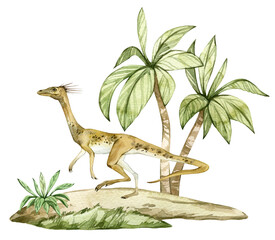 Watercolor dinosaur illustration with prehistoric landscape. Hand drawn Lagerpeton on the sand with palms. Detailed dino clipart for kids products. Children Encyclopedia of ancient animals. PNG file - 588835691
