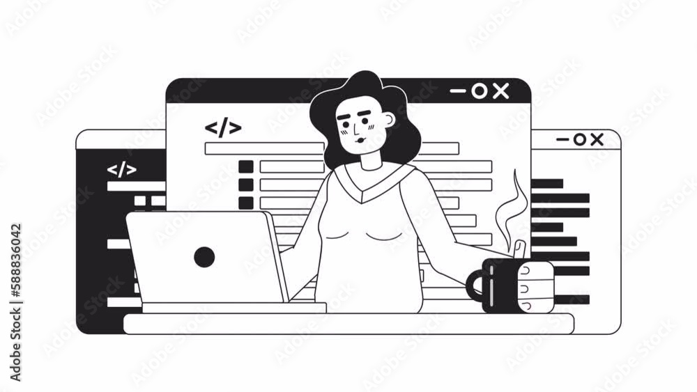 Poster animated mono writing code job. programming. woman with laptop. 2d black and white flat character 4k
