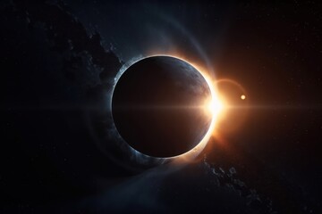 Eclipse, bright light glowing ring around globe, dark sky background. Generative AI