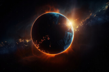 Eclipse, bright light glowing ring around globe, dark sky background. Generative AI