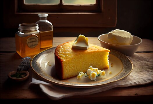 Moist and Delicious Cornbread with Sweet and Buttery Flavor, Served with Soft Butter and Sweet Honey on a Vintage Plate with Soft, Warm Light in a Cozy Southern style Kitchen. Generative AI