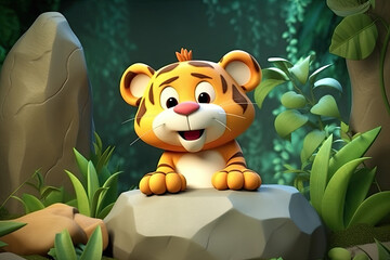  Cute Cartoon tiger Character on the rock, generative AI