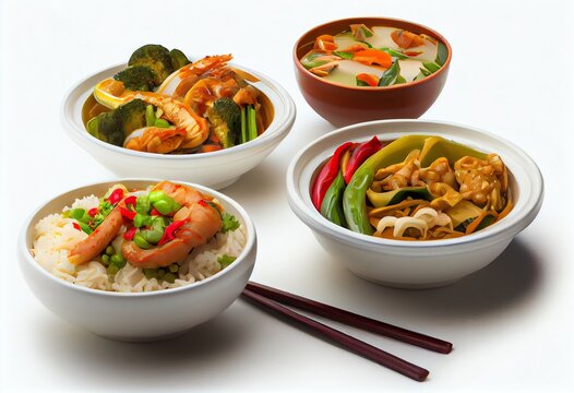 Delicious Chinese Food On A Set Of Bowls Against A White Background. Generative AI