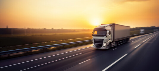 cargo truck on the road at sunset. banner with copy space. generative AI