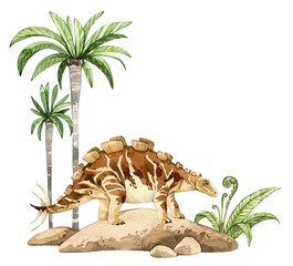 Watercolor dinosaur illustration with prehistoric landscape. Hand drawn Wuerhosaurus on the rocks with palm trees. Detailed dino clipart for kids products. Children Encyclopedia of ancient animals - 588836646