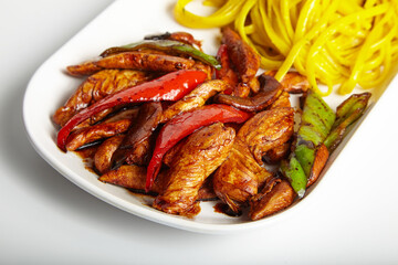 Grilled Chicken with Soy Sauce Linguine Pasta White Background