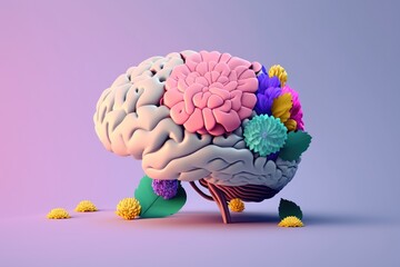 Concept of mental health. Illustration of brain with flowers in 3d style. AI Generated.