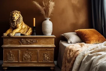 Fotobehang composição moderna quente e aconchegante do interior da sala de estar com espaço para cópia, aparador de madeira, vaso com seco © Alexandre