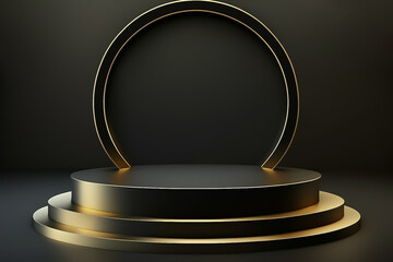Luxury golden 3d circular podium for showcasing products, Empty elegant and premium showcasing space to promote or market products, Empty podium for product presentation,empty luxury podium background