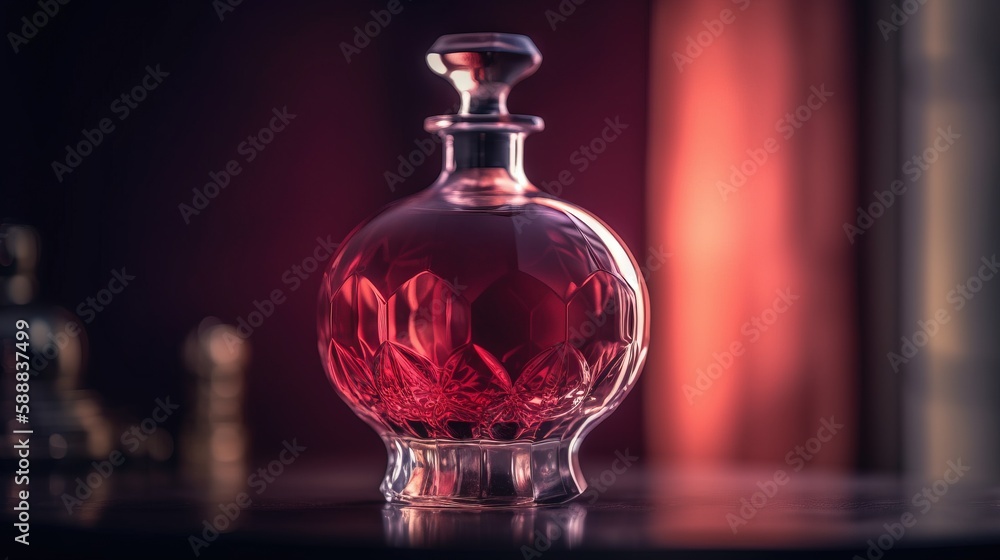 Poster a glass bottle sitting on a table next to a bottle of wine and a bottle of wine on a table with a re