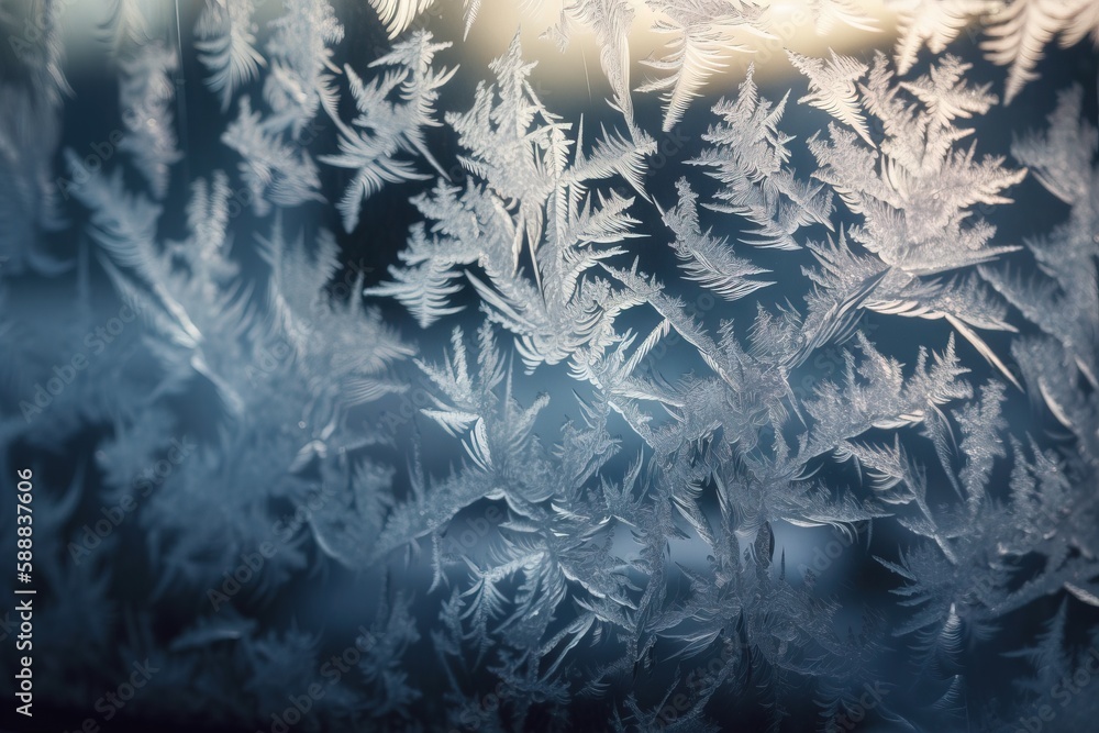 Poster a close up of frost crystals on a window, glistening in the light the crystals are arranged in a pat