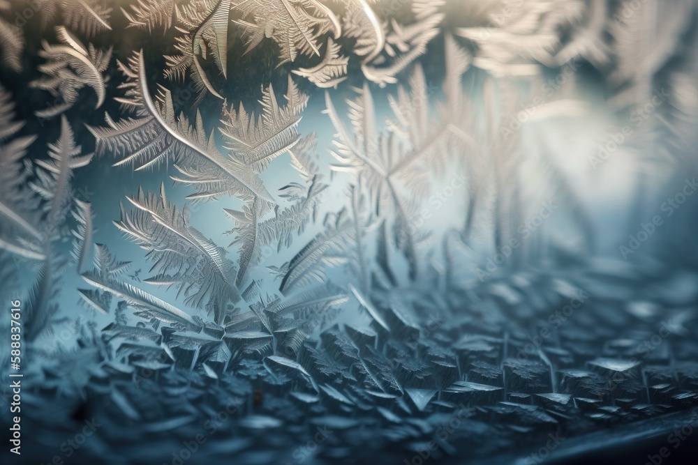 Poster a close up of a frosted glass window with a plant in the center of the window and a light shining th