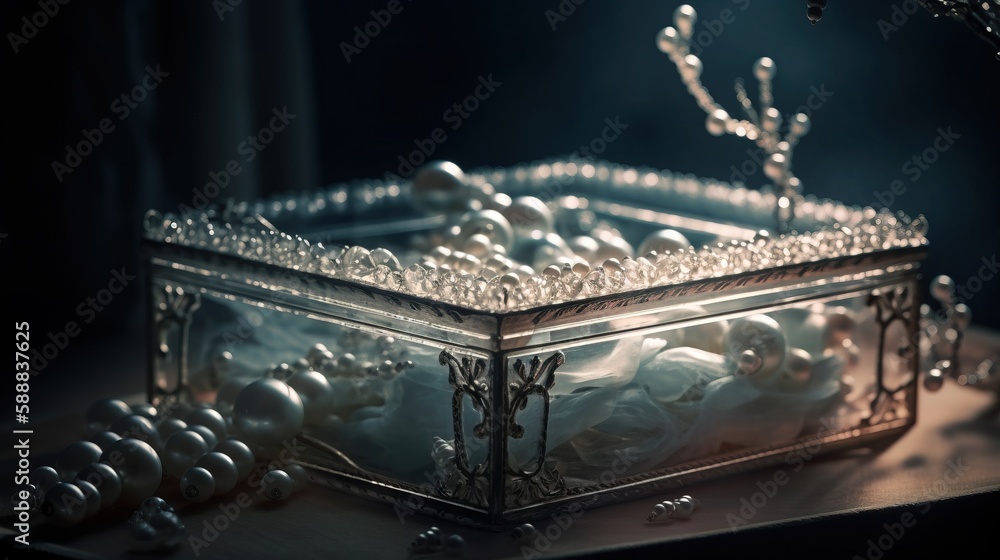 Poster a silver box with pearls and a chain of beads on a table with a black background and a silver chain 