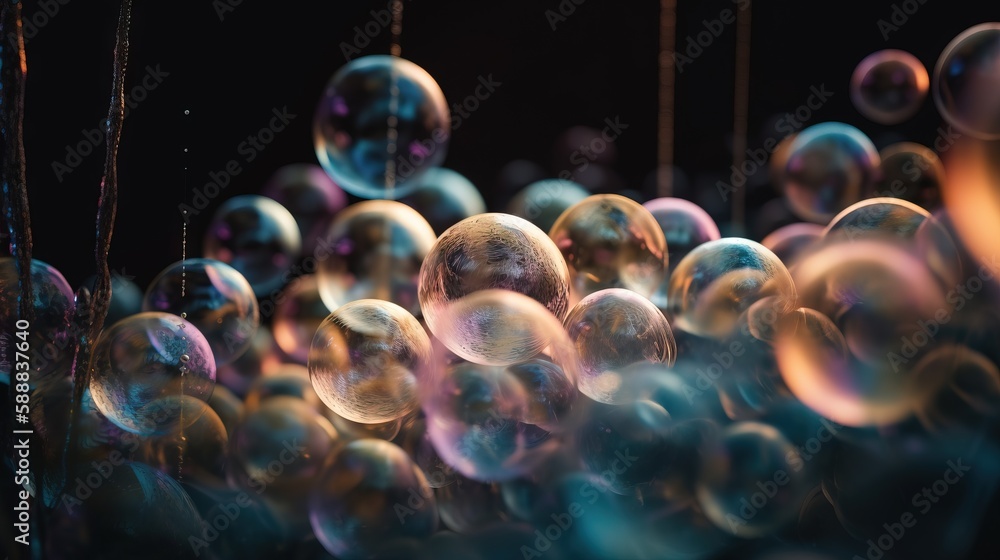 Aufkleber a bunch of soap bubbles floating in the air on a black background with a blurry image of the bubbles