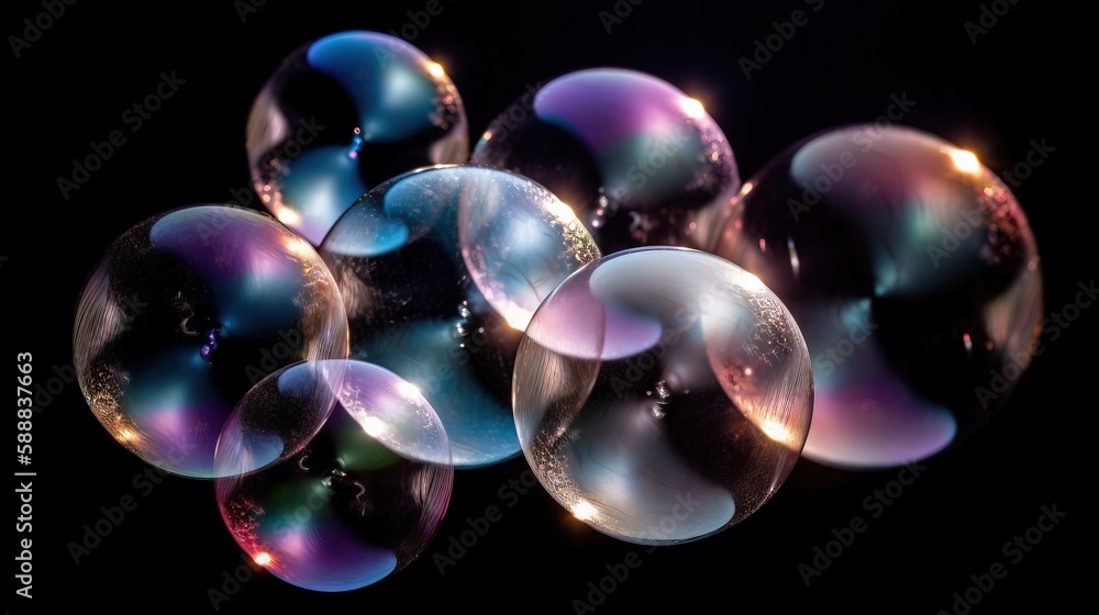 Poster a bunch of soap bubbles floating on a black background with a black background and a few bubbles in 