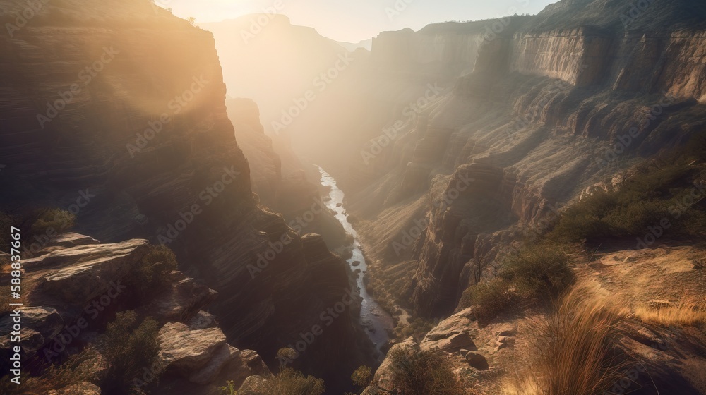 Poster the sun shines brightly over a canyon with a river running between it and a mountain range in the di