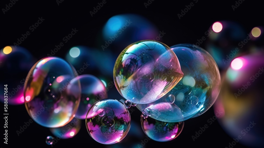 Poster a bunch of soap bubbles floating in the air on a black background with a black back ground and a bla