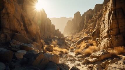  the sun shines brightly through the rocks in the desert area of a canyon in the desert, near a rocky mountain range, with a river running through it.  generative ai - obrazy, fototapety, plakaty