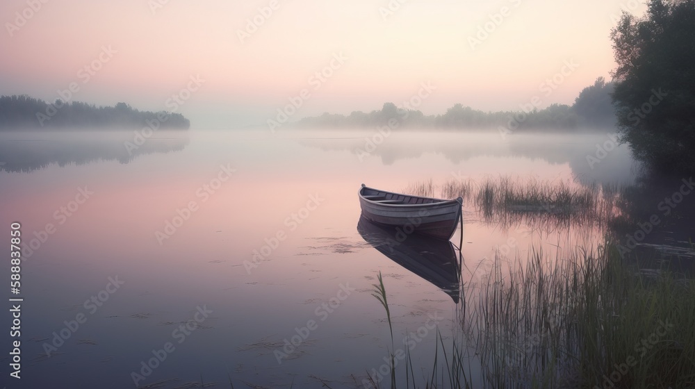 Poster a small boat floating on top of a lake next to tall grass and a forest in the background on a foggy 