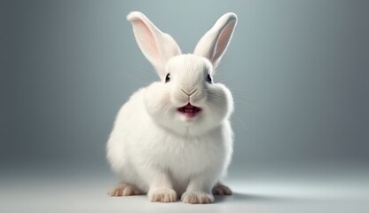 A white rabbit sitting on top of a blue background with a blue background and a white rabbit sitting on top of it's head. generative ai