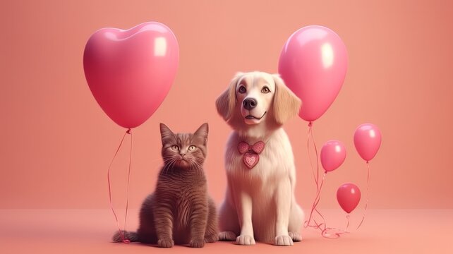 Cute dog and cat with valentine heart shape balloon on pink background. Generative ai