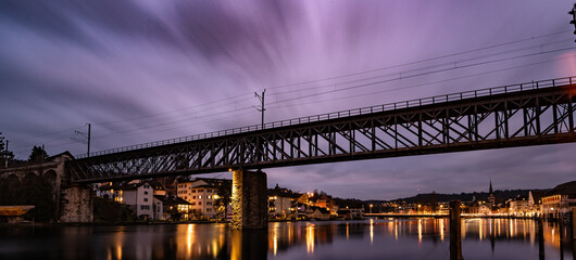 Eisenbahnbrücke Schaffhausen bei Nacht,
Railway bridge over the Rhine near Schaffhausen in the...