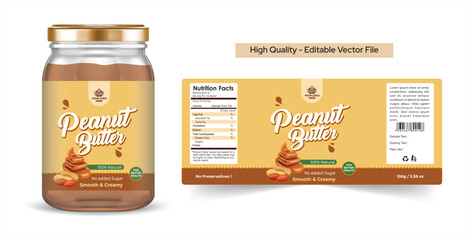 Peanut butter label design, Organic Peanut Butter Premium quality packaging design. Peanut butter label Illustration with realistic glass jar mockup. minimalist packaging template design editable file