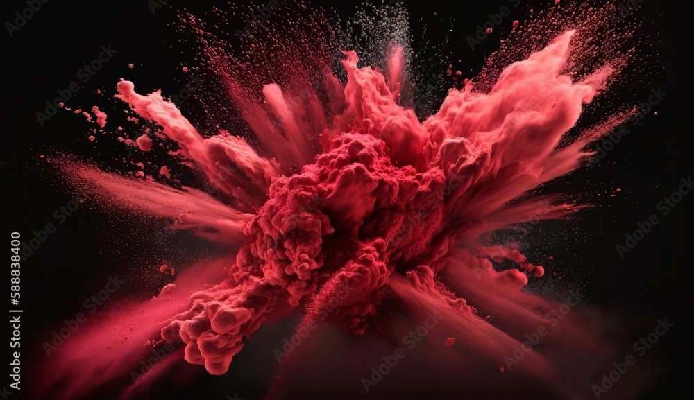 Poster red powder explosion. abstract closeup dust on backdrop. powder explode. paint holi. generative ai