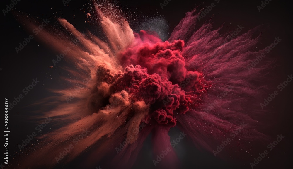 Poster red powder explosion. abstract closeup dust on backdrop. powder explode. paint holi. generative ai