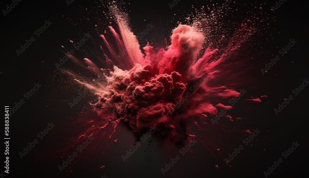 Poster red powder explosion. abstract closeup dust on backdrop. powder explode. paint holi. generative ai