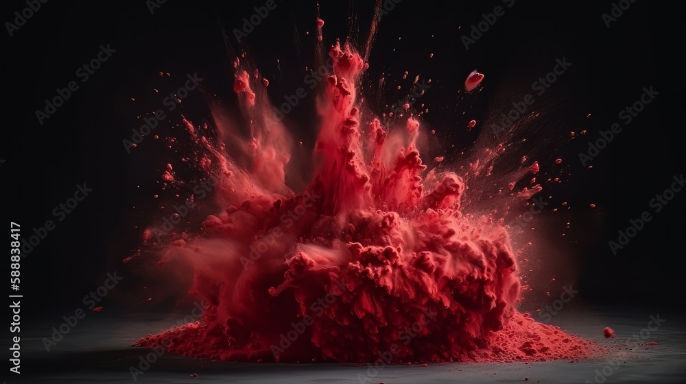 Poster red powder explosion. abstract closeup dust on backdrop. powder explode. paint holi. generative ai
