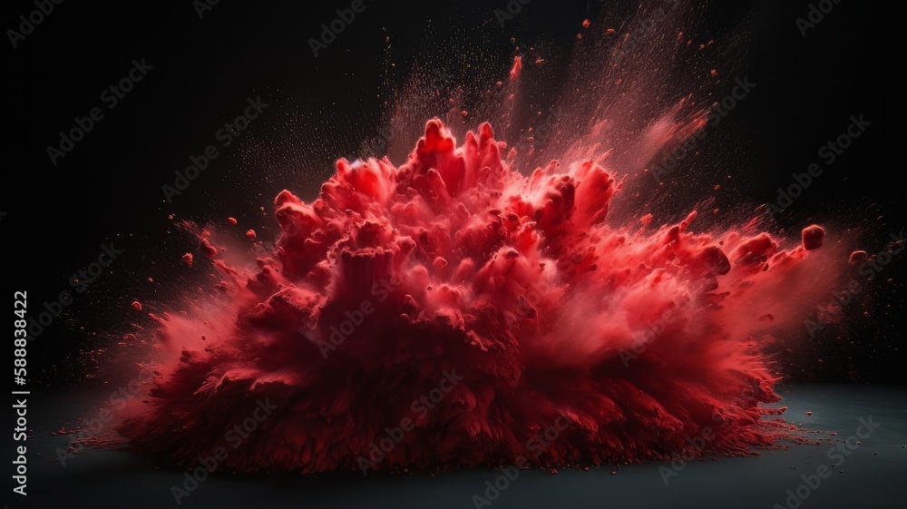 Poster red powder explosion. abstract closeup dust on backdrop. powder explode. paint holi. generative ai