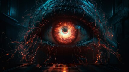 Scary dark horror neon surrealism wallpaper. Generative ai