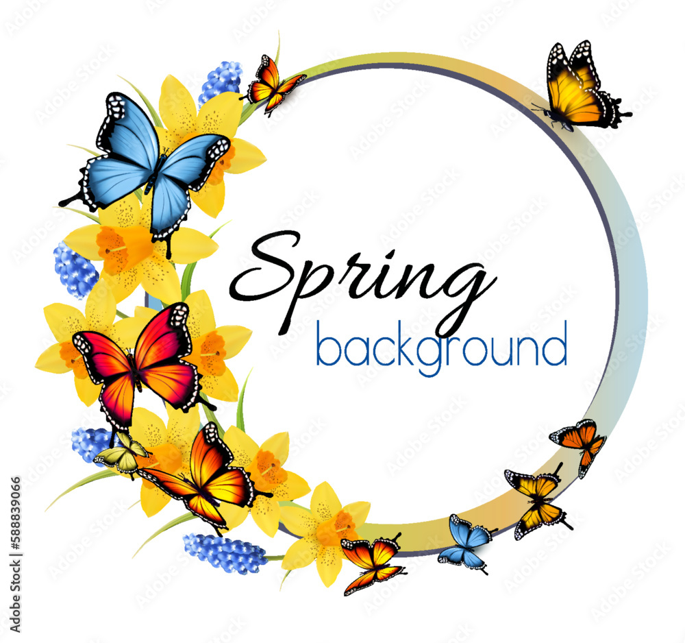 Poster Spring background with colorful butterflies and spring flowers. Spring sale vector.