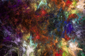 Naklejka na ściany i meble Multicolored motley pattern of crooked waves on a black background. Abstract fractal 3D rendering
