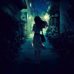 A woman walking in dark. Anime style. 