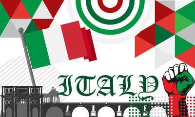Italia national day banner design. Italian flag  Abstract geometric retro shapes of red and green color. Italy Vector illustration. 