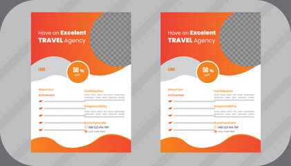 Travel flyer design template, tour flyer, tourism color a4 print ready flyer. Web banner, flyer or poster for travelling agency business offer promotion. Holiday and tour advertisement banner design.