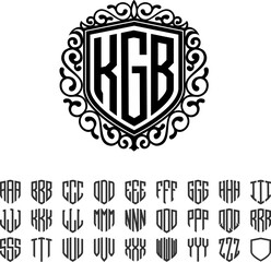 Shield monogram with circle retro vintage ornament and 3 Letters Alphabet Font For Logotype, logos, embroidery, necklaces