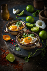 Fototapeta na wymiar Zesty Mexican baked eggs with fresh lime on rustic table