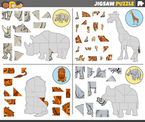 jigsaw puzzle games set with funny cartoon wild animals