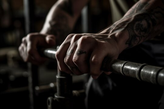 Tattooed Hands Holding Kettlebell Weights: Fitness and Strength Training, Generative AI
