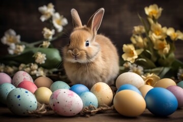 Fototapeta na wymiar Easter Bunny and His Rainbow of Eggs Bring a Festive Atmosphere