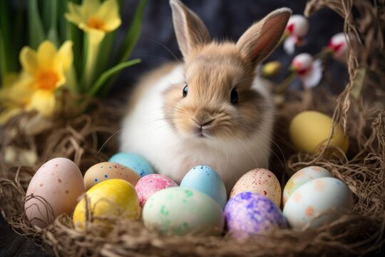Easter Bunny Surrounded by a Rainbow of Eggs Brings Festive Spirit