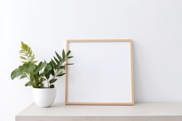 Blank picture frame on a white wall. View of the interior in modern style. generative AI