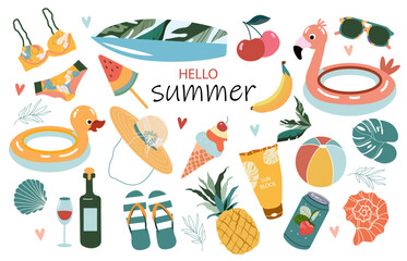 Vector cute set with summer items: ice cream, shells, sunglasses, fruits, flamingos.Bright summer poster. Collection of scrapbooking elements for beach party. 
