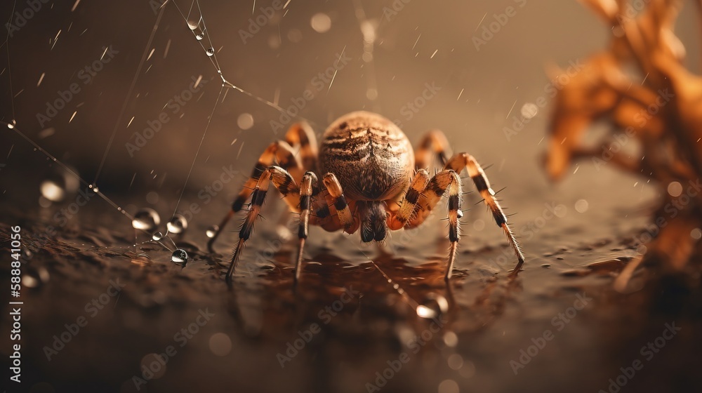 Poster a close up of a spider on a wet surface with drops of water on it's back and a tree branch in the ba